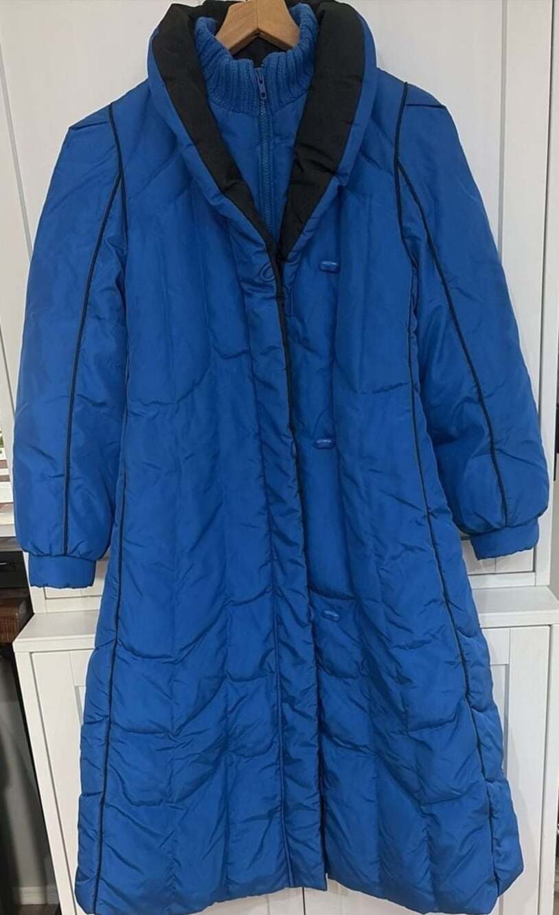 Vintage Royal Blue Long Puffer Bubble Coat Jacket with Zip and Button Closures